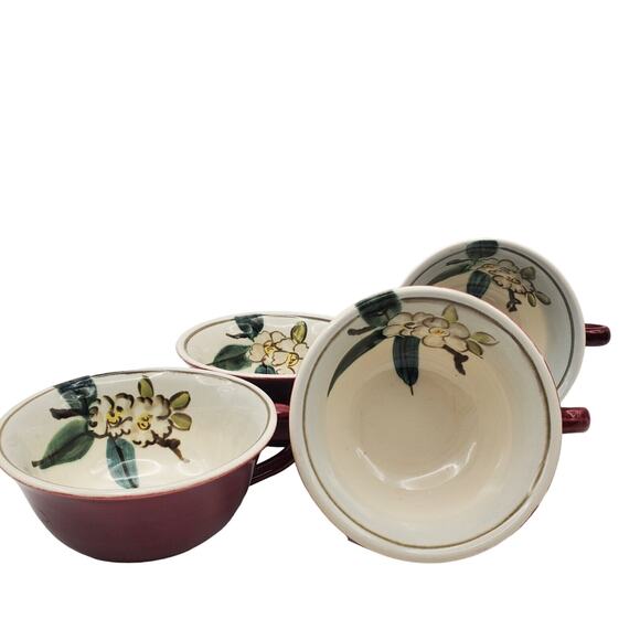 4 Red Wing Pottery Apple Blossom Flat Cup Saucer Set Normandy Vtg 50s Maroon Red - Picture 5 of 7